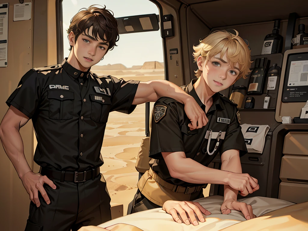 (masuter piece, best quality, very detailed), (fine face), 1 boy, 13 year old boy、standing、from the waist up、golden hair、curly hair、bangs、lots of bangs、brown Eyes、Slight smile、Plump、t-shirt 、Game graphics、Ilya Repin , (in desert:1.5) , (ambulance:1.5)
