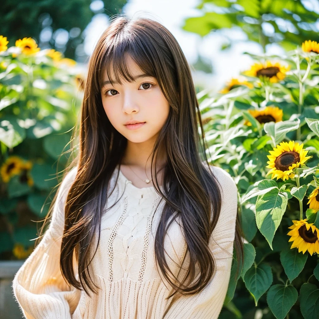 Create an image of a Japanese girl, around , with long, dark brown hair styled naturally. She should be holding a bouquet of vibrant sunflowers. The girl is wearing a white lace dress under a denim jumper that looks stylish and modern. Her expression should be sweet and gentle, capturing a serene and bright mood. The background should resemble a sunny outdoor setting, like a garden or park, with natural light illuminating the scene. The style should be realistic with a slight touch of anime aesthetics to give it a unique charm."