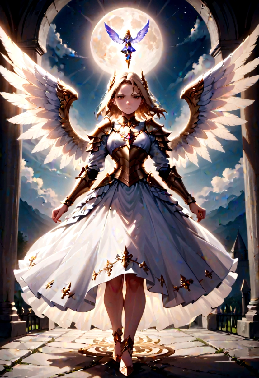 (a back view model shot taken from the back: 1.5), female angel (Masterpiece, intense details: 1.3), paladin, holy warrior, short blond hair, determined face, full body, armed with sword, holy symbol, (wearing white armor: 1.3), ((fully dressed: 1.5)), (wings sprouting from the back: 1.3) spread large feathered wings, majestic wings, white angelic wings, moon light, moon, stars, clouds, cemetery background, anatomically correct (Masterpiece, intense details: 1.3), god rays, cinematic lighting, glowing light, photorealism, panoramic view, Wide-Angle, Ultra-Wide Angle, 16k, highres, best quality, high details, ultra detailed, masterpiece, best quality, (extremely detailed), arafed, dnd art, armored dress