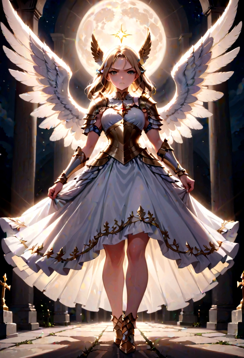 (a back view model shot taken from the back: 1.5), female angel (Masterpiece, intense details: 1.3), paladin, holy warrior, short blond hair, determined face, full body, armed with sword, holy symbol, (wearing white armor: 1.3), ((fully dressed: 1.5)), (wings sprouting from the back: 1.3) spread large feathered wings, majestic wings, white angelic wings, moon light, moon, stars, clouds, cemetery background, anatomically correct (Masterpiece, intense details: 1.3), god rays, cinematic lighting, glowing light, photorealism, panoramic view, Wide-Angle, Ultra-Wide Angle, 16k, highres, best quality, high details, ultra detailed, masterpiece, best quality, (extremely detailed), arafed, dnd art, armored dress