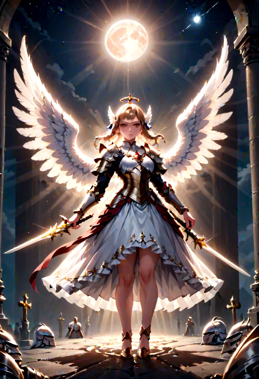 (a back view model shot taken from the back: 1.5), female angel (Masterpiece, intense details: 1.3), paladin, holy warrior, short blond hair, determined face, full body, armed with sword, holy symbol, (wearing white armor: 1.3), ((fully dressed: 1.5)), (wings sprouting from the back: 1.3) spread large feathered wings, majestic wings, white angelic wings, moon light, moon, stars, clouds, cemetery background, anatomically correct (Masterpiece, intense details: 1.3), god rays, cinematic lighting, glowing light, photorealism, panoramic view, Wide-Angle, Ultra-Wide Angle, 16k, highres, best quality, high details, ultra detailed, masterpiece, best quality, (extremely detailed), arafed, dnd art, armored dress