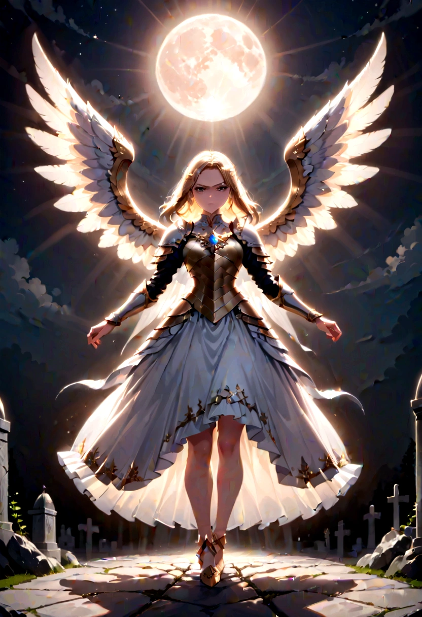 (a back view model shot taken from the back: 1.5), female angel (Masterpiece, intense details: 1.3), paladin, holy warrior, short blond hair, determined face, full body, armed with sword, holy symbol, (wearing white armor: 1.3), ((fully dressed: 1.5)), (wings sprouting from the back: 1.3) spread large feathered wings, majestic wings, white angelic wings, moon light, moon, stars, clouds, cemetery background, anatomically correct (Masterpiece, intense details: 1.3), god rays, cinematic lighting, glowing light, photorealism, panoramic view, Wide-Angle, Ultra-Wide Angle, 16k, highres, best quality, high details, ultra detailed, masterpiece, best quality, (extremely detailed), arafed, dnd art, armored dress