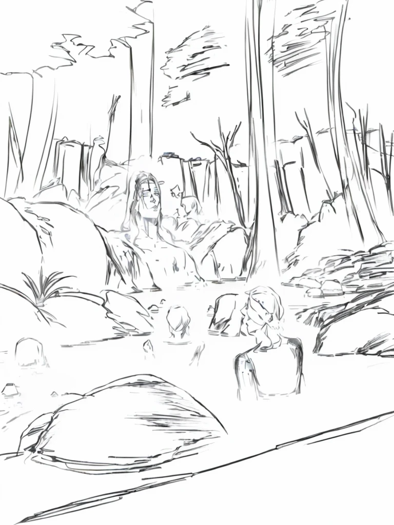 (four peoples bathing in hot springs,detailed,realistic,photorealistic,high quality,8k,masterpiece,detailed face,detailed eyes,detailed skin,detailed water,steam,mist,relaxing atmosphere,natural environment,lush greenery,rocks,warm lighting,glowing water)