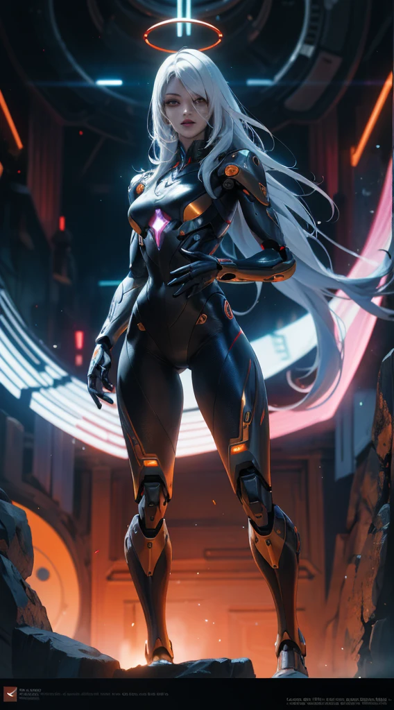 masterpiece, best quality, ultra - detailed, intricate,, very detailed, high resolution, realisticlying, hd, 8K, 1man, full body shot shot, humanoid robots, long legs, mechanical legs, dynamic poses, Extremely delicate mech, Glowing dark red LED part, extra very long hair, full bodyesbian, High-tech background, rim-light, scientific fiction, (Marek Okon:1.3), Mooncryptowow's midway style, psychedelia, The halo, nsfw
