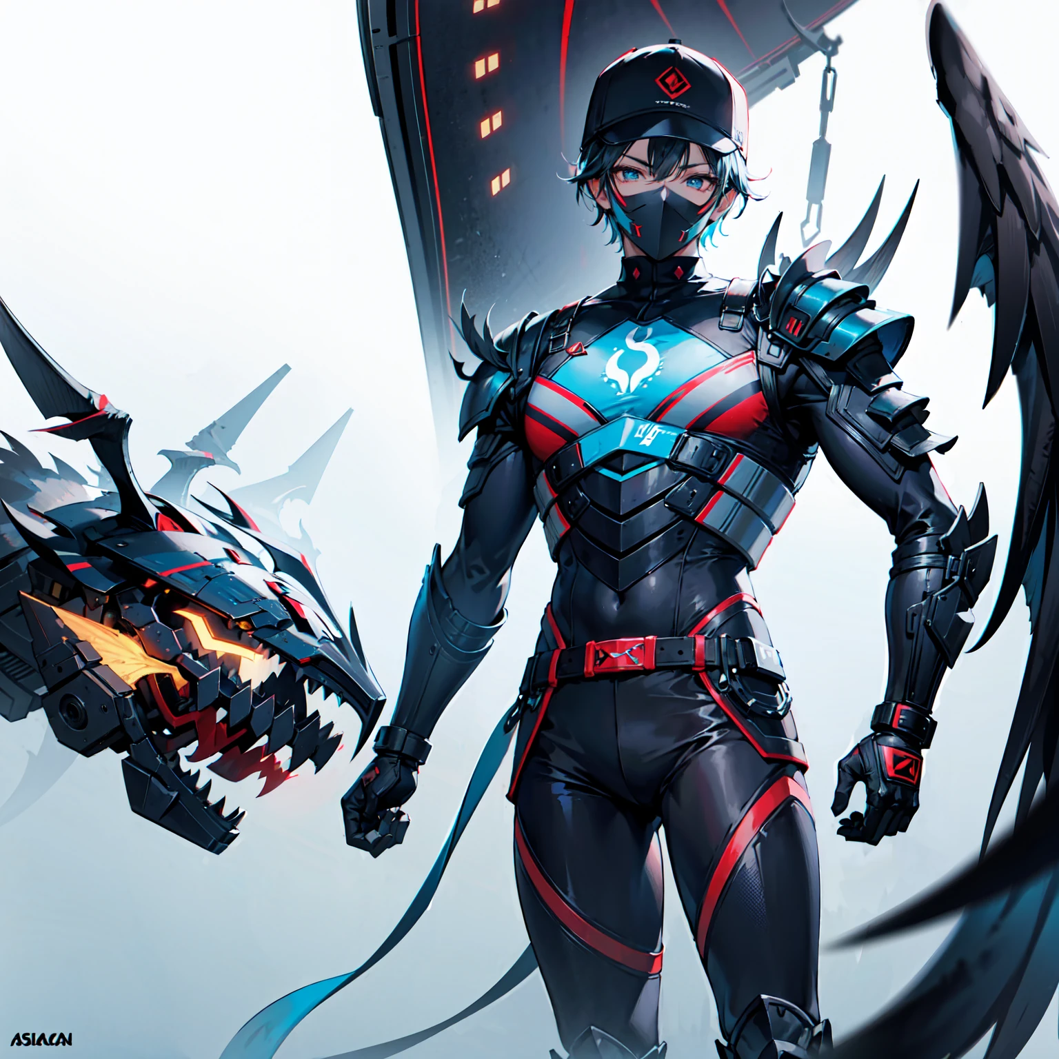 Futuristic Male soldier, futuristic mask, Black baseball cap, mechanical vulture in the back of body, futuristic wrist pistols, power armour (without helmet), asian face, surrounding magic