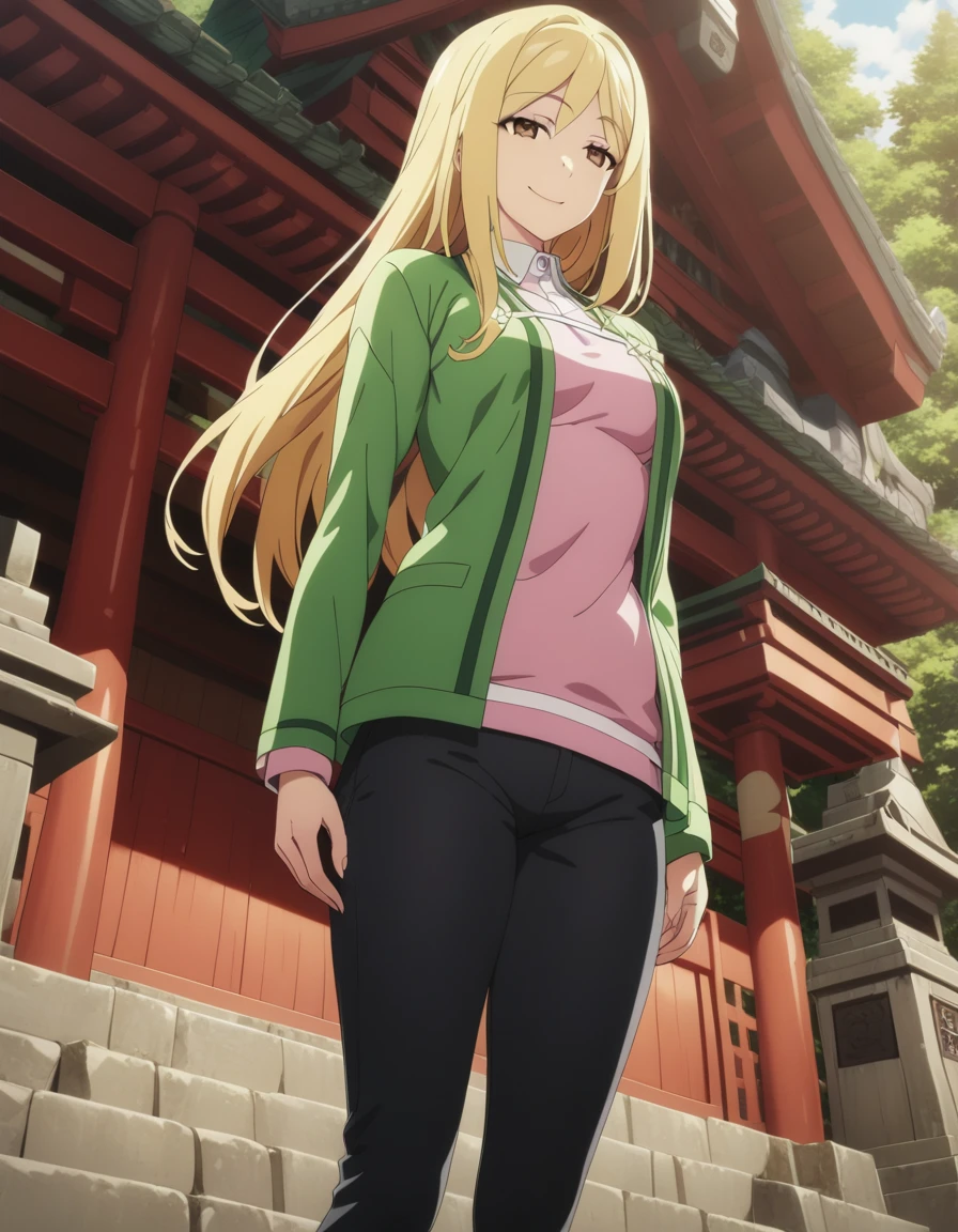 One girl,
takanomiyo,
Blonde Hair,Long Hair,Brown eyes,
shirt, Jacket,pants,
smile,
shrine,
masterpiece, highest quality, Super detailed, High resolution,4K,(Super detailed:1.4) (figure:0.5), (Ray Tracing,:0.8),(Anime Color:0.7),(AI-generated:0.5), (Anime screenshots:1.2),