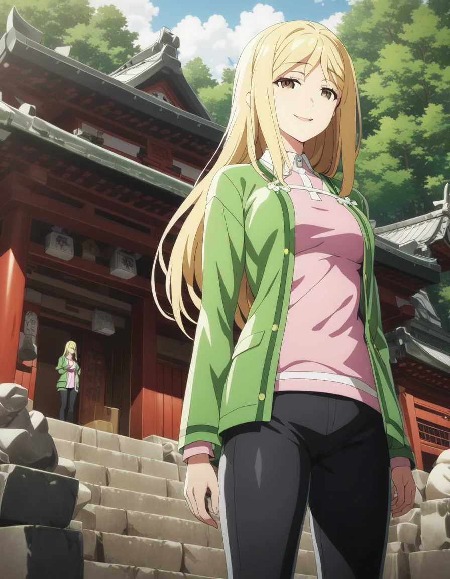 One girl,
takanomiyo,
Blonde Hair,Long Hair,Brown eyes,
shirt, Jacket,pants,
smile,
shrine,
masterpiece, highest quality, Super detailed, High resolution,4K,(Super detailed:1.4) (figure:0.5), (Ray Tracing,:0.8),(Anime Color:0.7),(AI-generated:0.5), (Anime screenshots:1.2),