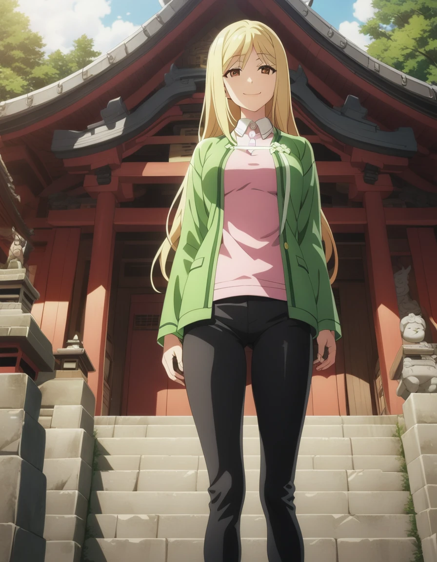 One girl,
takanomiyo,
Blonde Hair,Long Hair,Brown eyes,
shirt, Jacket,pants,
smile,
shrine,
masterpiece, highest quality, Super detailed, High resolution,4K,(Super detailed:1.4) (figure:0.5), (Ray Tracing,:0.8),(Anime Color:0.7),(AI-generated:0.5), (Anime screenshots:1.2),