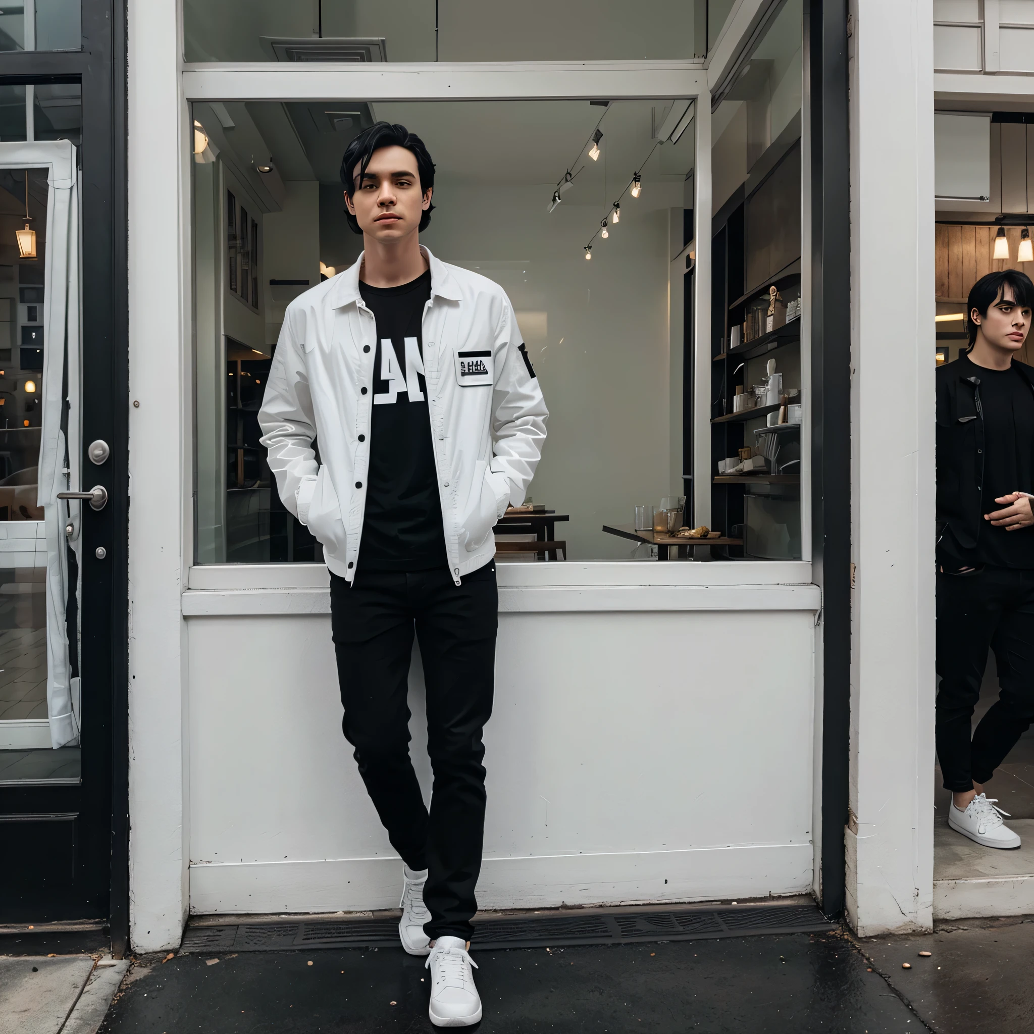 A white man with black hair wearing black jeans, a black shirt and a white jacket and he is wearing white shoes is standing in front of a restaurant with glass decorations.