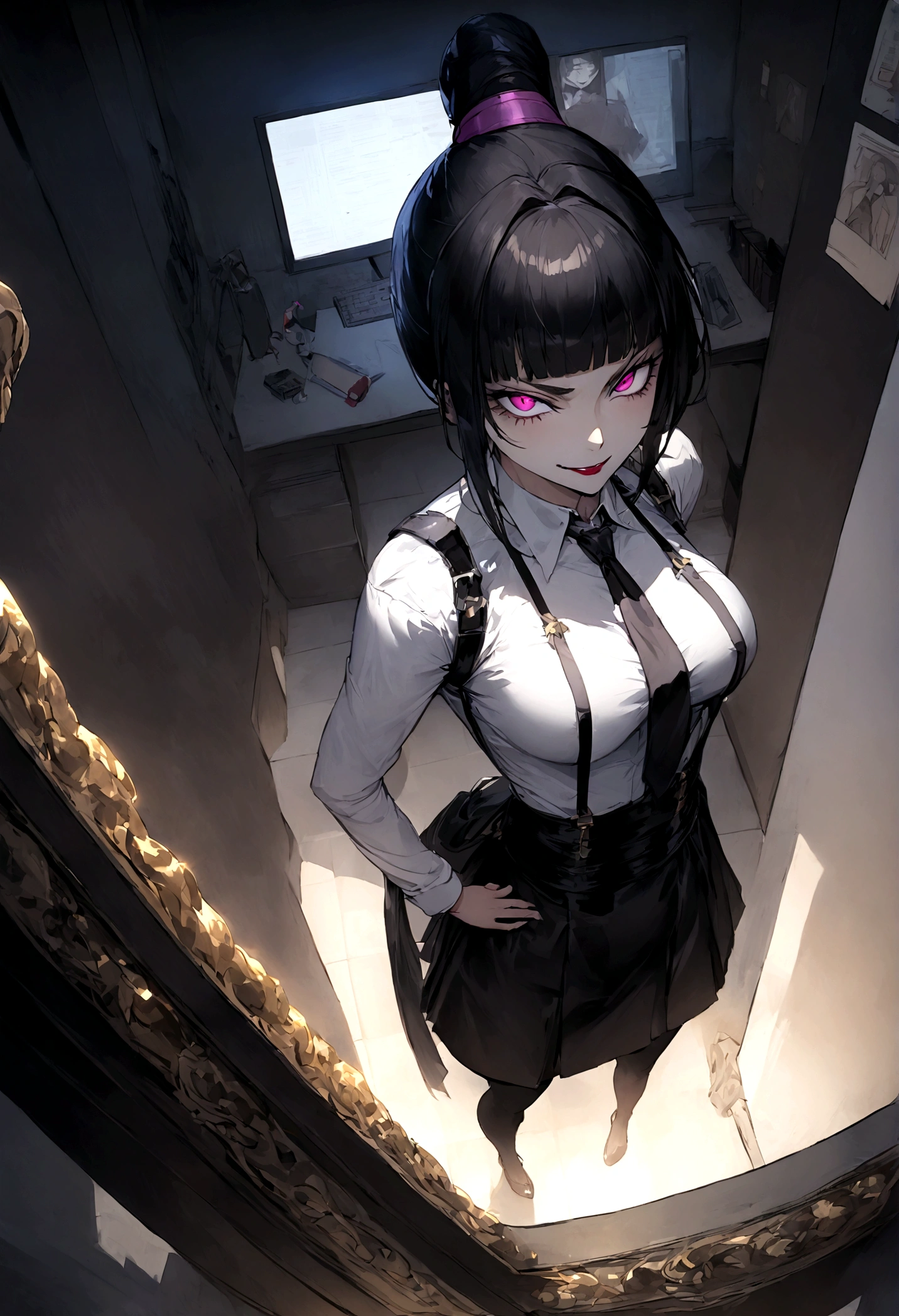 juri han, work of art, tight white secretary shirt with black tie, black high waist skirt, short skirt,stocking, black hair, black tights,evil smile,office,franja nos olhos,lighting,chifre de cabelos,view from above,olhando para cima