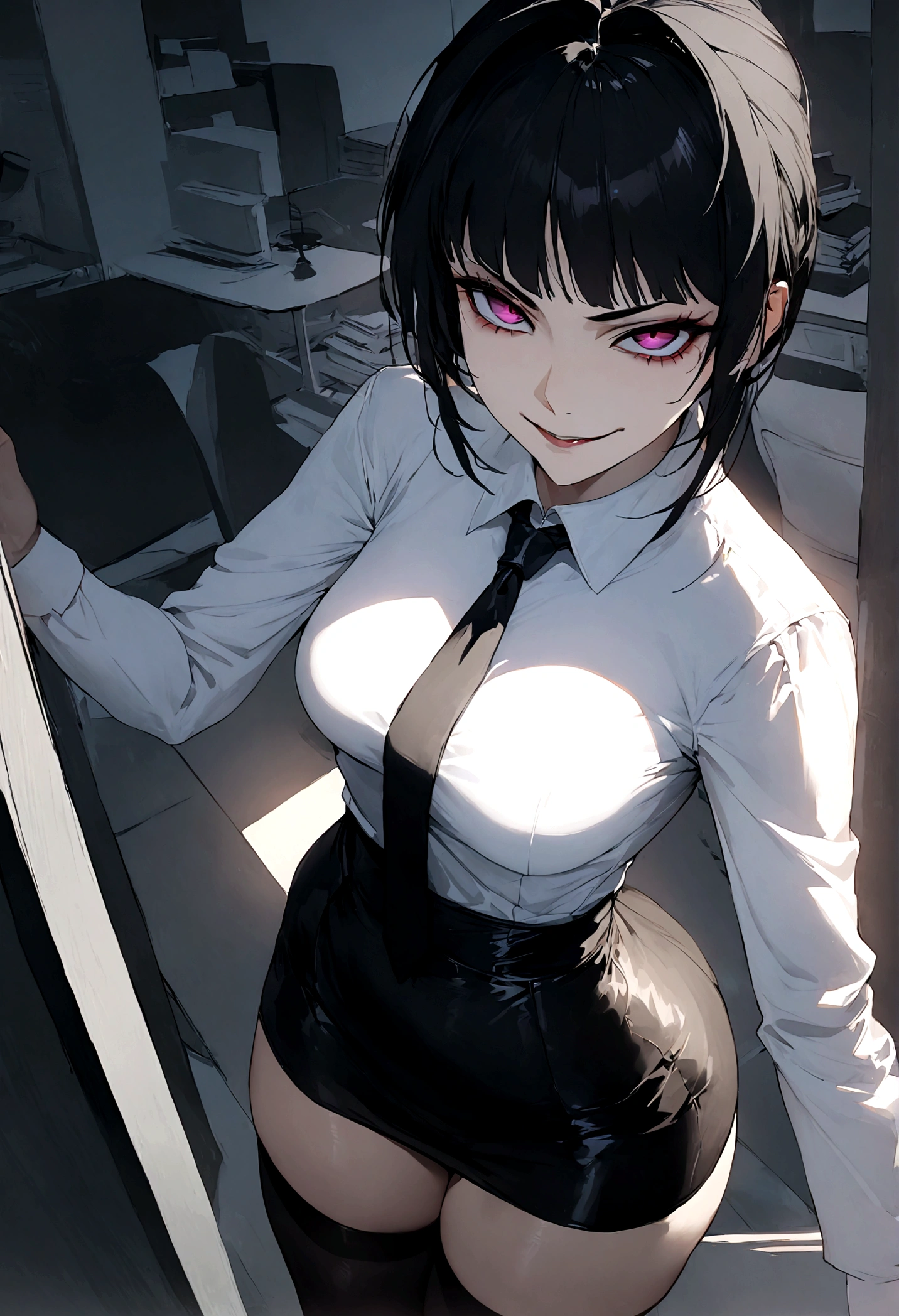 juri han, work of art, tight white secretary shirt with black tie, black high waist skirt, short skirt,stocking, black hair, black tights,evil smile,office,franja nos olhos,lighting,chifre de cabelos,view from above,olhando para cima
