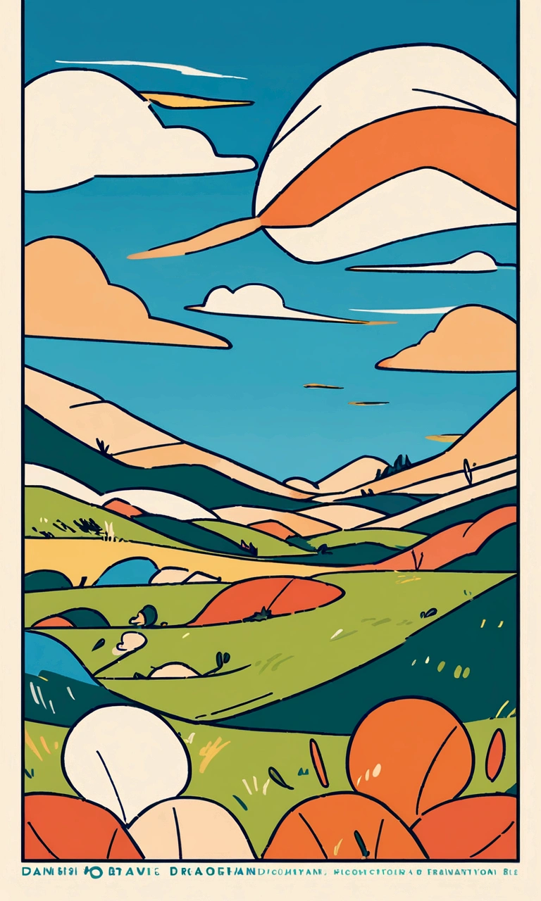 travel poster design, grassland, Blue sky, White Cloud, Image minimalist style, warm color, pragmatism, organic shapes and lines, illustration, danish design,