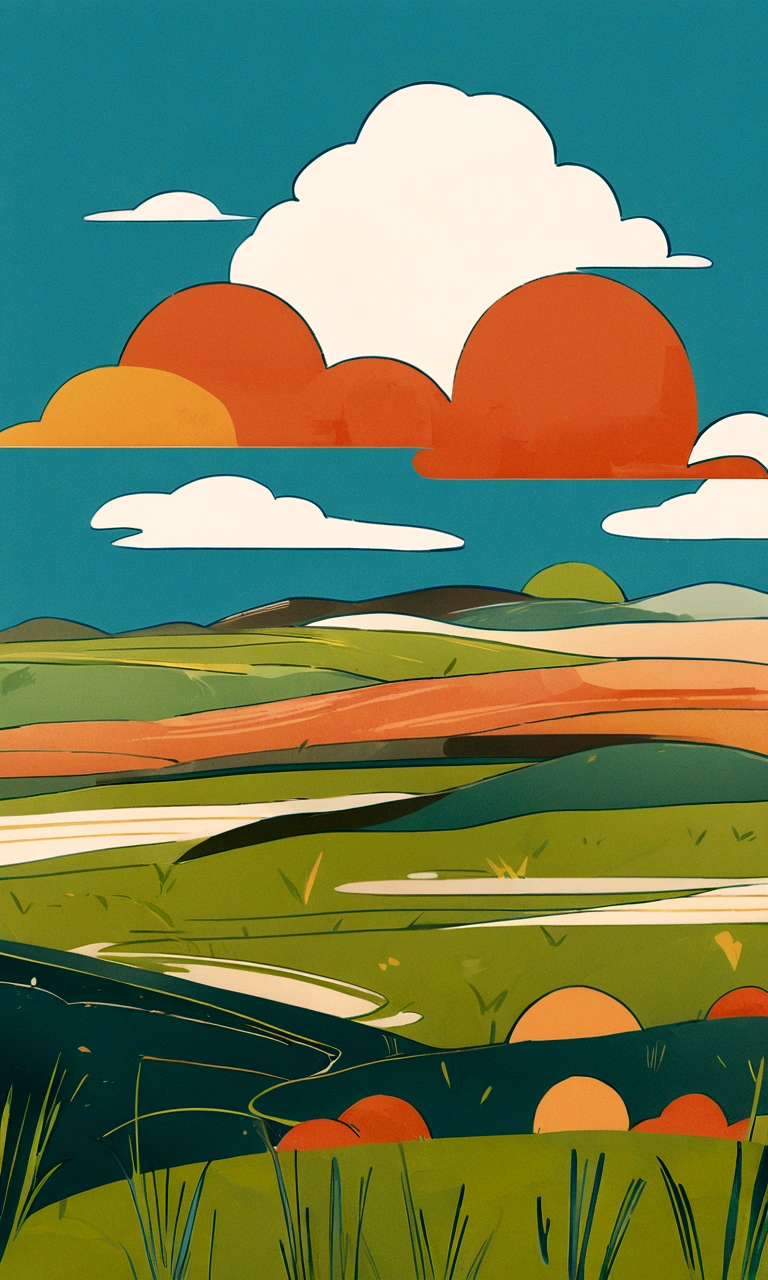 travel poster design, grassland, Blue sky, White Cloud, Image minimalist style, warm color, pragmatism, organic shapes and lines, illustration, danish design,