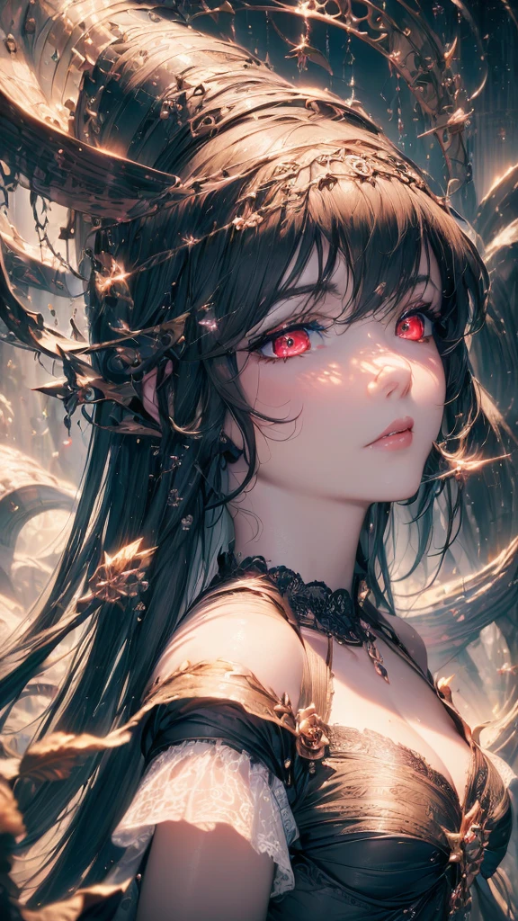 4K quality:1.2,1 girl,sense of depth,confused,catch light,Super beautiful illustration,((black color,long hairstyles:1.3)),dark dark eyeshadow,(((4k,super beautiful,In detail,red eyes))),bright red lipstick,Gothic Lolita,;D,beautiful and delicate hair