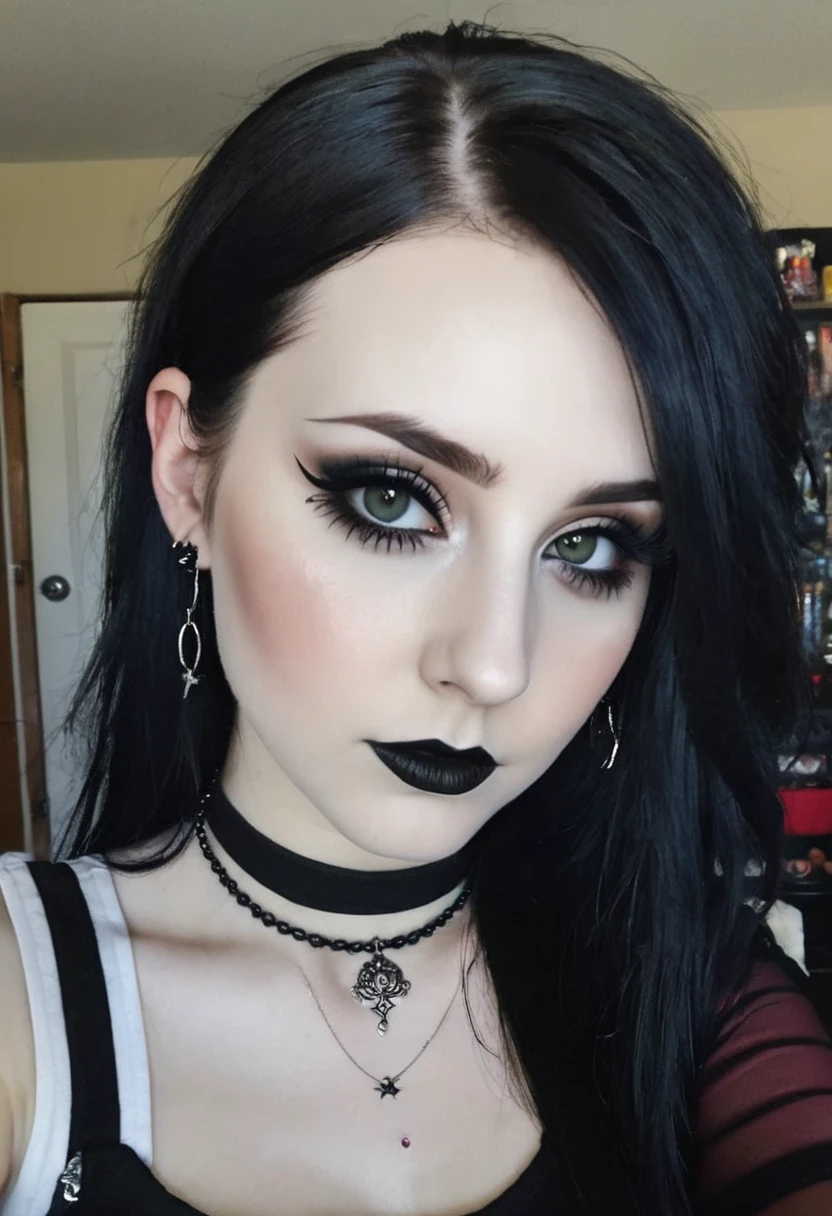 Just a basic bad quality selfie of goth girl, trad goth, makeup and piercing, trad goth makeup