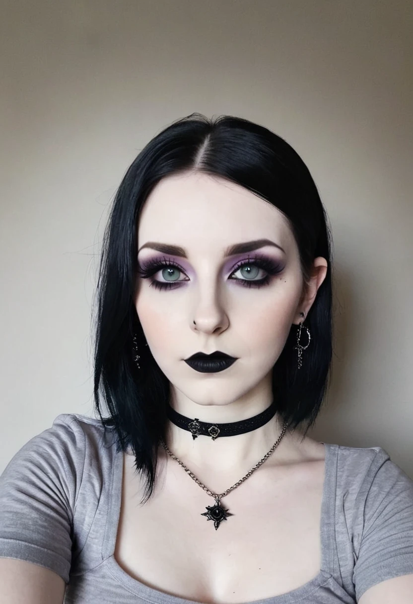 Just a basic bad quality selfie of goth girl, trad goth, makeup and piercing, trad goth makeup