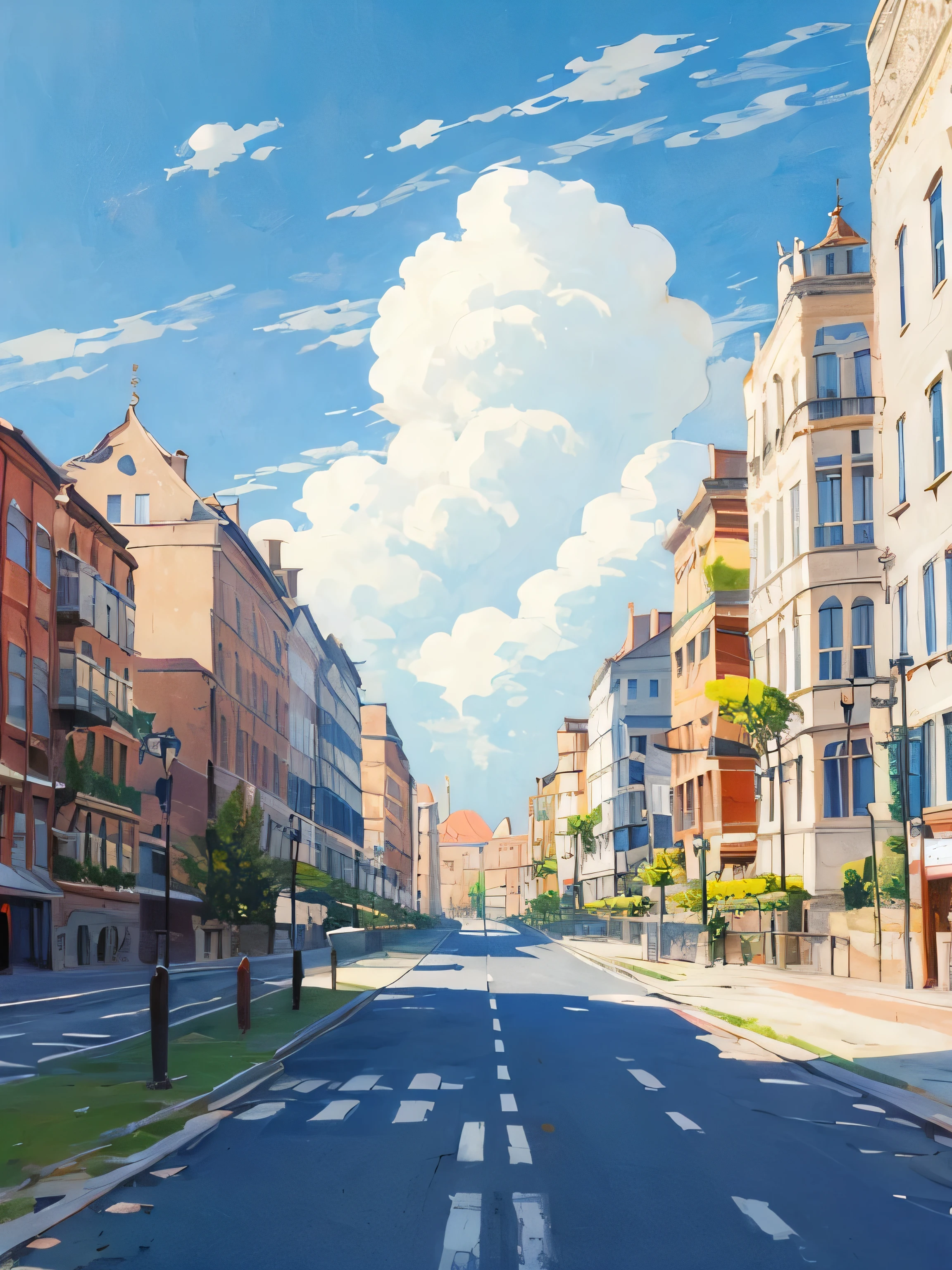City, European Architecture, outdoor, sunny, road, White Cloud, Vision, Depth of Field