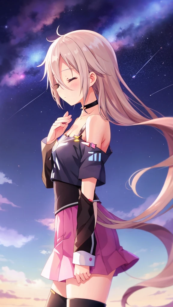 one girl, IA, Vocaloid, CeVIO AI, black shirt, off shoulder, choker, beauty, starry sky, mysterious girl, close to girl, Aria on the Planetes, slender, cool, cowboy shot, pray for stars, zettai ryouiki, close eyes, from side