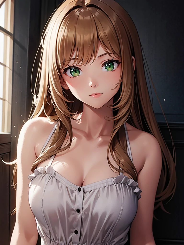 She has light brown hair down to her shoulders, she’s slender and around 5'7. She also has green eyes and a cute face))