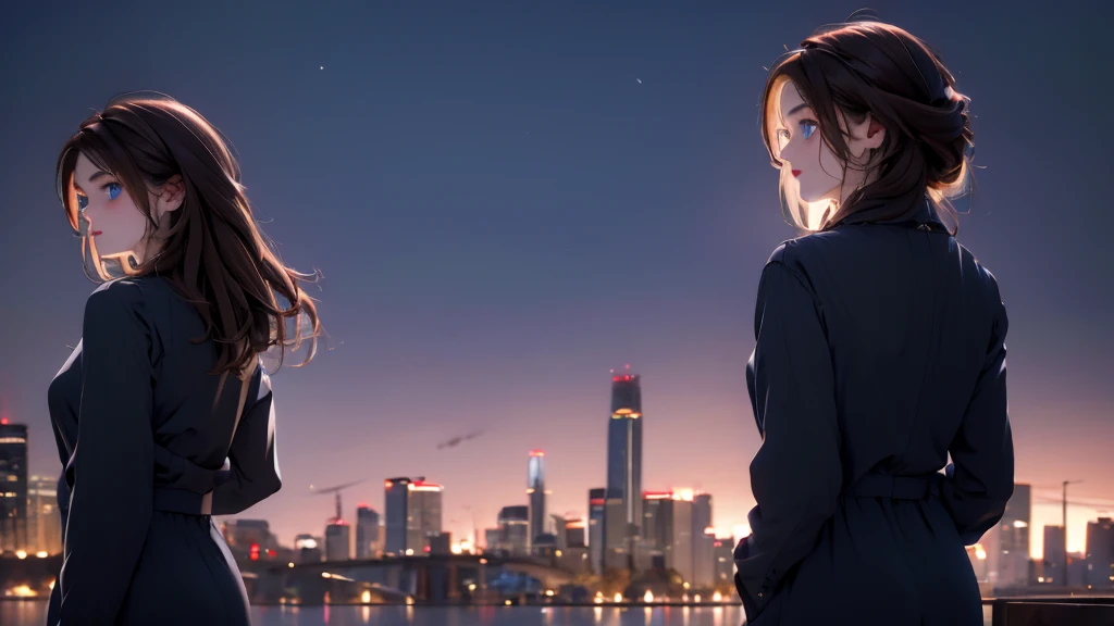 1 girl, medium light brown hair, light blue eyes, wearing black suit, night city, absurdres, high res, ultrasharp, 8K, masterpiece, looking from behind