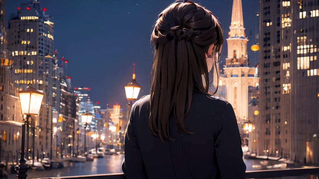 1 girl, medium light brown hair, light blue eyes, wearing black suit, night city, absurdres, high res, ultrasharp, 8K, masterpiece, looking from behind