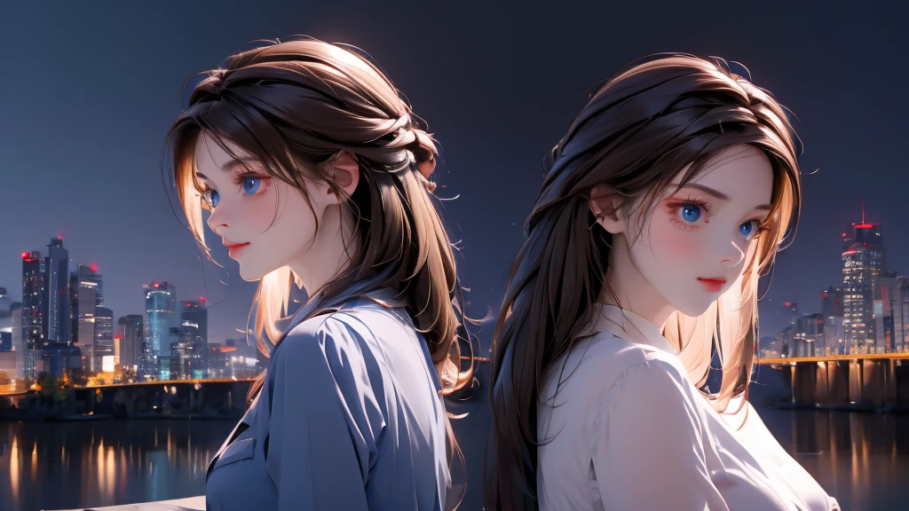 1 girl, medium light brown hair, light blue eyes, wearing black suit, night city, absurdres, high res, ultrasharp, 8K, masterpiece, looking from behind