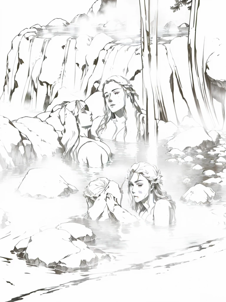 (there are three naked womans sleeping in river, deer, bow, archer, deer, bow, river white hair, hairy torso, fantasy, intricate, elegant, highly detailed, digital painting, artstation, concept art, smooth, sharp focus, illustration,