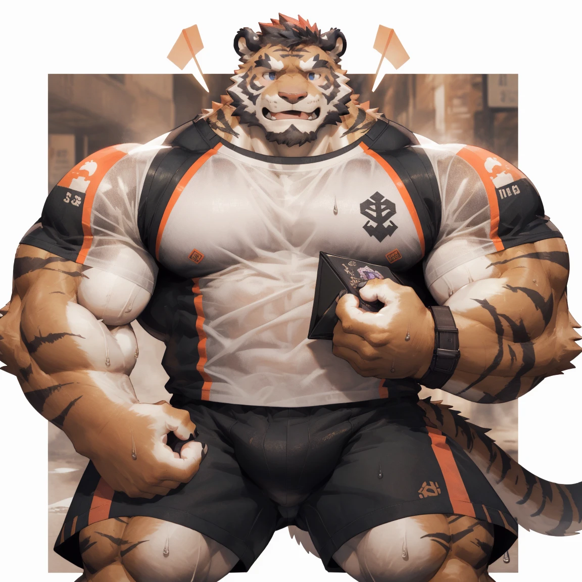 masterpiece, best quality, 8k resolution, Very detailed, hairy,tiger,Red hair,muscle,Strong,超大muscle,((sweat))(Purple Eyes),For the audience,(((blush))),portrait,(((Bulging buttocks))),Highest quality scenes,solitary,solitary,Entrance,(((Courier))),(((shame))),((Heavy sweating)),Meituan takeaway,shorts,(((Transparent clothes)))