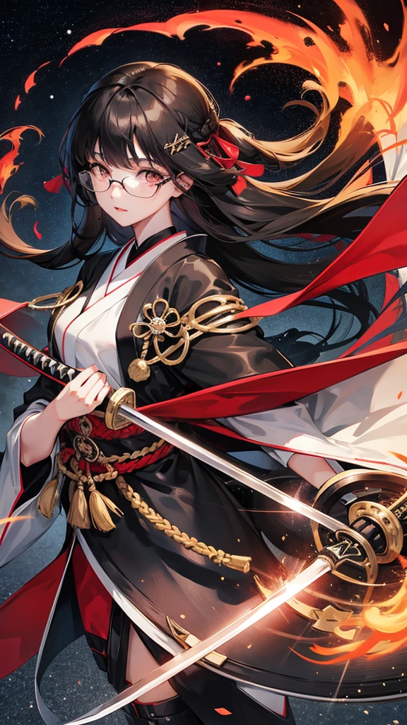 Black Hair　Straight Hair　Long Hair　Glasses　Japanese sword　moon　night　lake　One girl