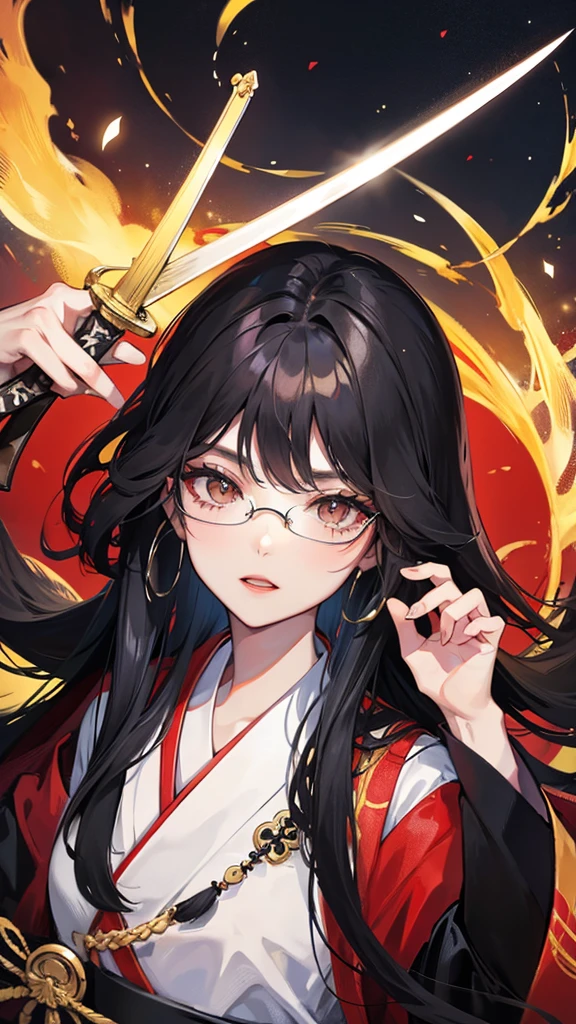 Black Hair Straight Hair Long Hair Glasses Japanese sword moon night lake One girl