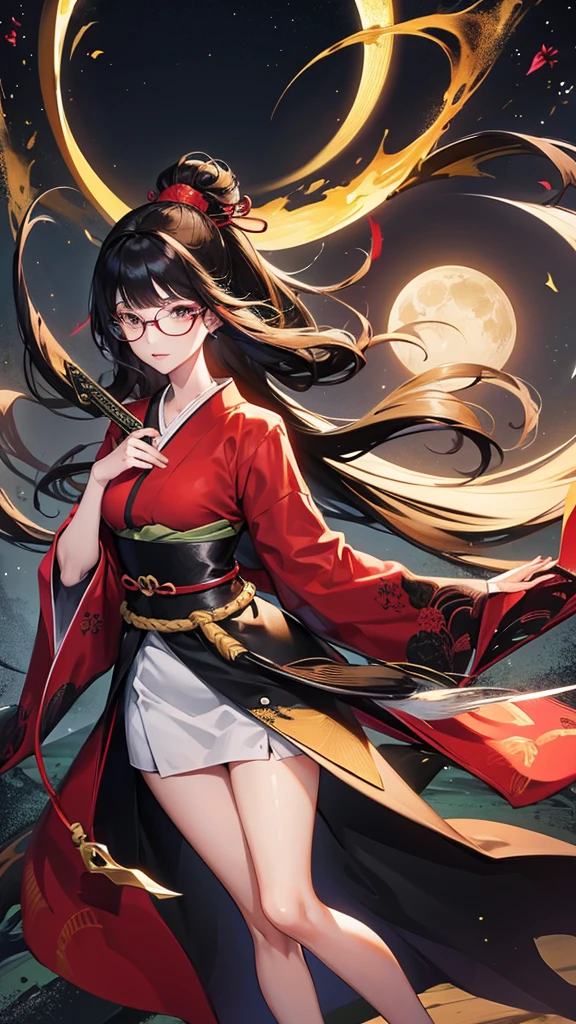 Black Hair Straight Hair Long Hair Glasses Japanese sword moon night lake One girl
