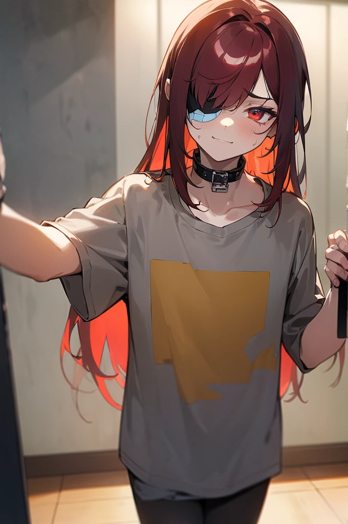 {masterpiece, distinct_image, extremely detailed CG, beautiful eyes and detailed face, 4k, 8k, high_resolution, perfect_finger, (beautiful_detailed_eyes:1.3), glitter, white_light,{1boy, face_focus,full body, looking for_in_viewer, standing},{(miniboy,slave:1.3) (tattered long yellow T-shirt, no pants, thick_steel_collar, black_right_eyepatch:1.5), (red_hair, red_eyes, long_hair, hair_over_one_eye, one_eye_covered_with_hair, asymmetrical_bangs:1.4), (tired_face, glaring, breathing:1.2), (gray_wall_prison_indoor:1.3)}}