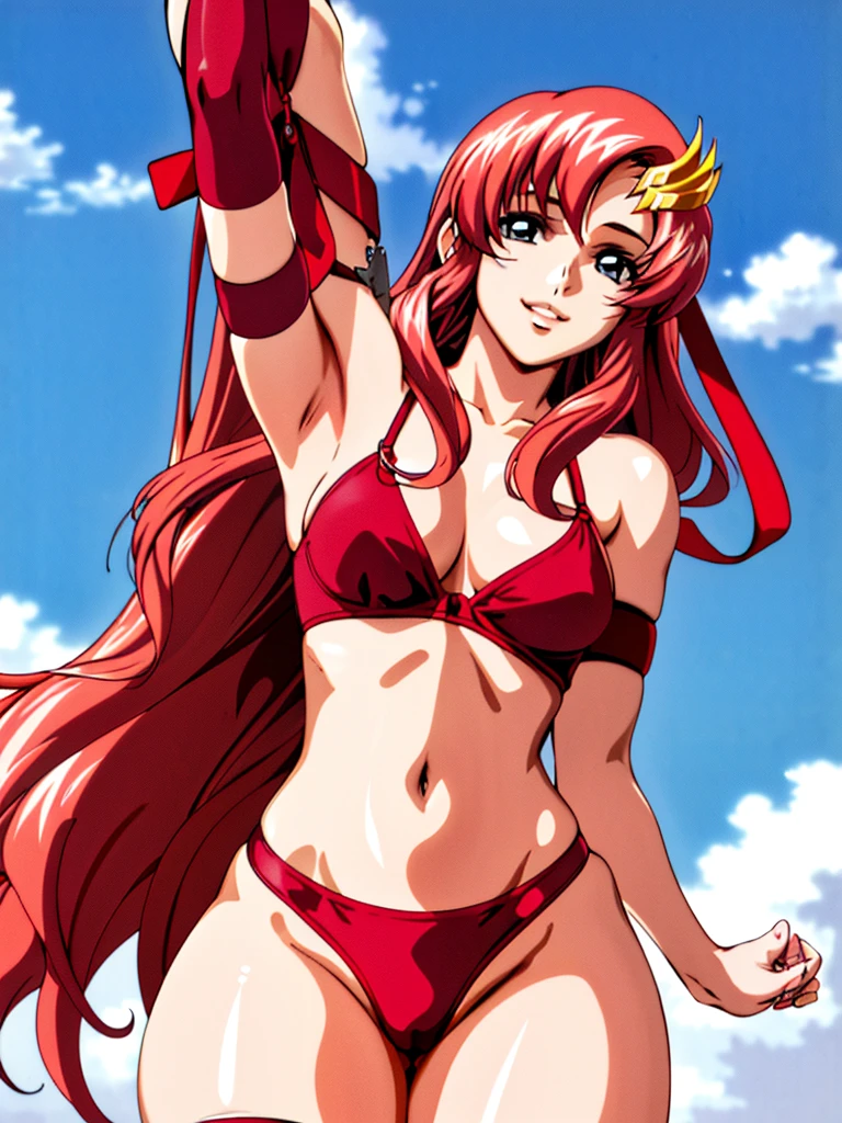 (masterpiece, 4K, Best Quality, Anime style: 1.9, bold drawing lines, High color saturation, Detailed face, tall, Adult Woman, lovely, (cloud background), Drawing lines, high resolution, Anime, lacus4), 1girl in, Solo, curvy figure, Long hair, 鎖骨, scapular, Wavy Hair, Detailed wide hair bangs, Hair Ornament, Detailed reddish-pink hair, cleavage, large hands, Big blue eyes, Smile, closed mouth, Very happy, ((closed fists)), (laughing, open mouth), ((medium breasts)), ((pink strapless wrestling attire), (pink wrestling long boots), bare thighs, strong arms, biceps, rib lines, ((lean forward)), legs, standing, (hands on hips), happy, bare shoulders, (navel, belly button, bare thighs, exposed navel, groin)