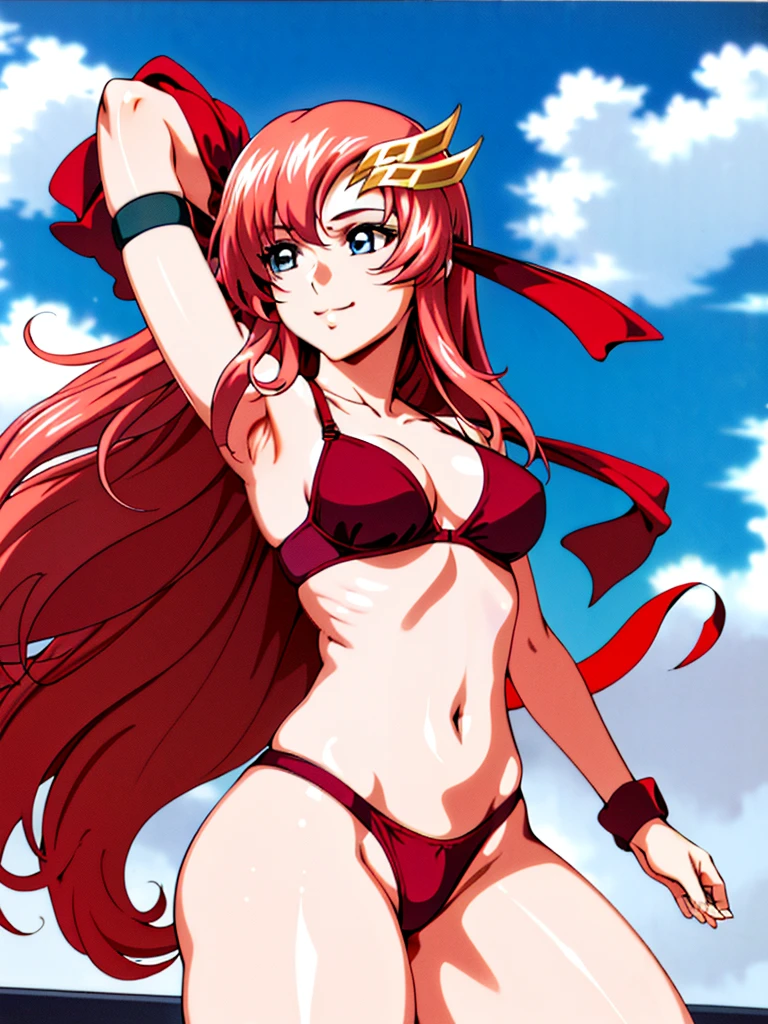 lacus4, (red bikini, running, thong, tall girl, masterpiece, cowboy shot, very slim shoulders, 4K, Best Quality, Anime style: 1.9, happy, Adult Woman, (ultra detailed head), (Crowd, cloud background), Drawing lines, high resolution, lacus4), 1girl, Solo, curvy figure, clavicle, scapular, (Detailed wide hair bangs, very long hair, Hair Ornament, Detailed reddish-pink hair, shiny streaks, slim arms, detailed golden crest), cleavage, large hands, (hair cover shoulders). (Big blue eyes, shiny eyes), ((female wrestler, (slim body), slim arms, thighs)), ((perfect proportions, medium-small breasts, medium thighs, long belly)), ((totally red bra, leg strap)), smile with a wink, (standing, hot colors), detailed fingers, (bare shoulder, stretching, one arm up, looking away)
