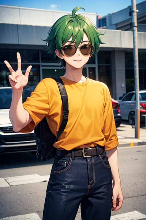 (((pixel-perfect, detail-perfect))), solo, 1boy, jameteuruddinpangoleleacloleohhei(Yeol Ayres), green hair, Goku hair, sunglasses, smile, shirt blue, pants black, belts