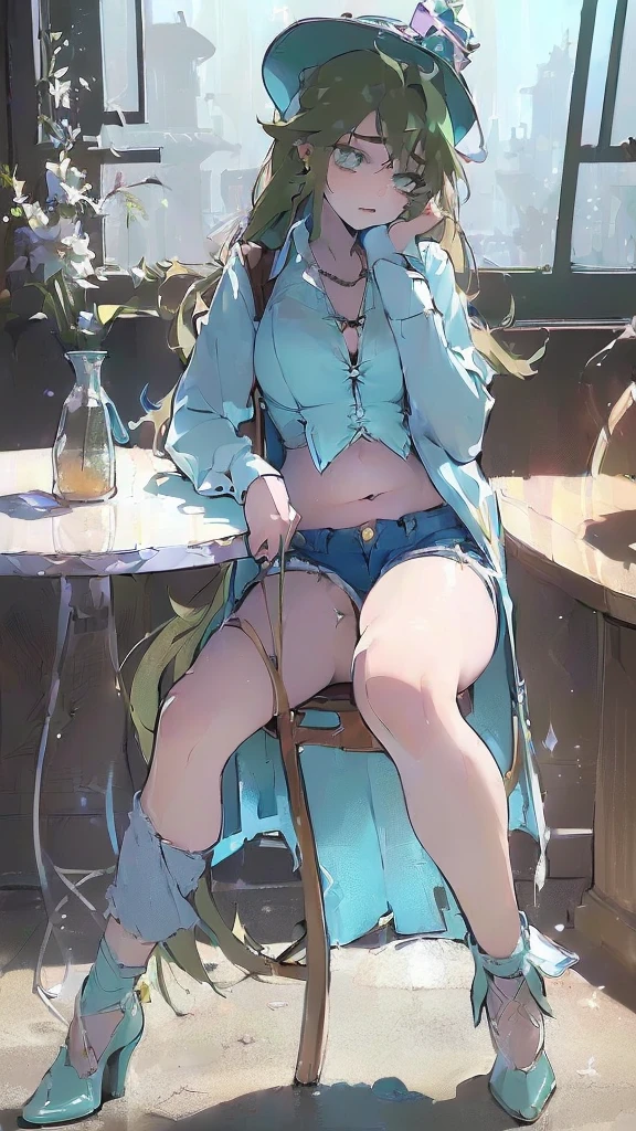 (flat:1.5),(cafe, window, sunlight, table, chair, sedentary:1.5) (big ass, thick thighs:0.7), (warm light source:1.2), intricate details, volumetric lighting, Realism BREAK(masterpiece:1.2), (top quality), 4K, ultra detail, (Dynamic configuration:1.4), Very detailed and colorful details,(rainbow colors:1.2), (shining lights, atmospheric lighting), dreamy, magical, (alone:1.2), intricate details, cheeky expression, (big breasts:1.5), (green eyes:1.5), (a devastated expression, dead eyes, dark atmosphere:1.5), (Green long hair:1.5), (shoes, buttoned dress shirt, Small hat,Small and tight denim shorts:1.5), (chubby, Belly Fat:1.5), (beautiful eyes, flushing:1.5),(human ear,thin legs:1.5),(chair에 sedentary, diagonal shot:1.5), (embarrassing:1.5),(diagonal shot:1.5)