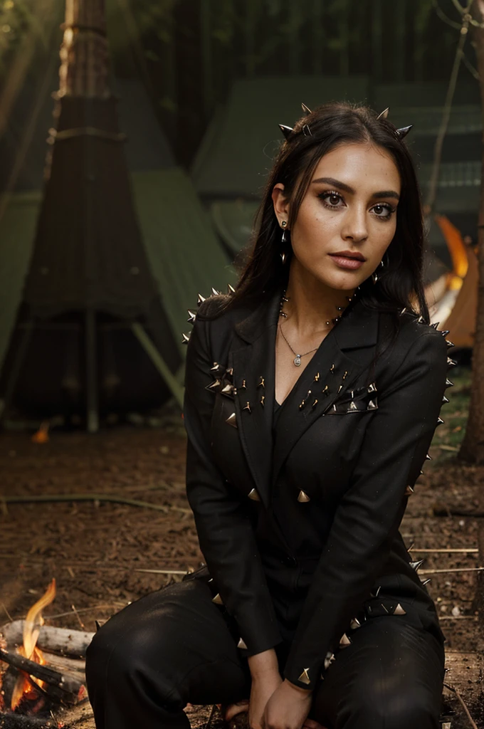 photorealistic, best quality, (hyper detailed: 1.4), (((sitting in the forest near the firecamp:1.5))), long distance shot, goth makeup, plus size body, brown eyes, Detailed eyes, ((wearing black spikes suit:1.5)), beautiful goth young woman, (Highly detailed face:1.4), smile, exuding a natural glow, soft lightning, evening time, forest view, jaw-dropping beauty, sexy, seductive, vivid colors