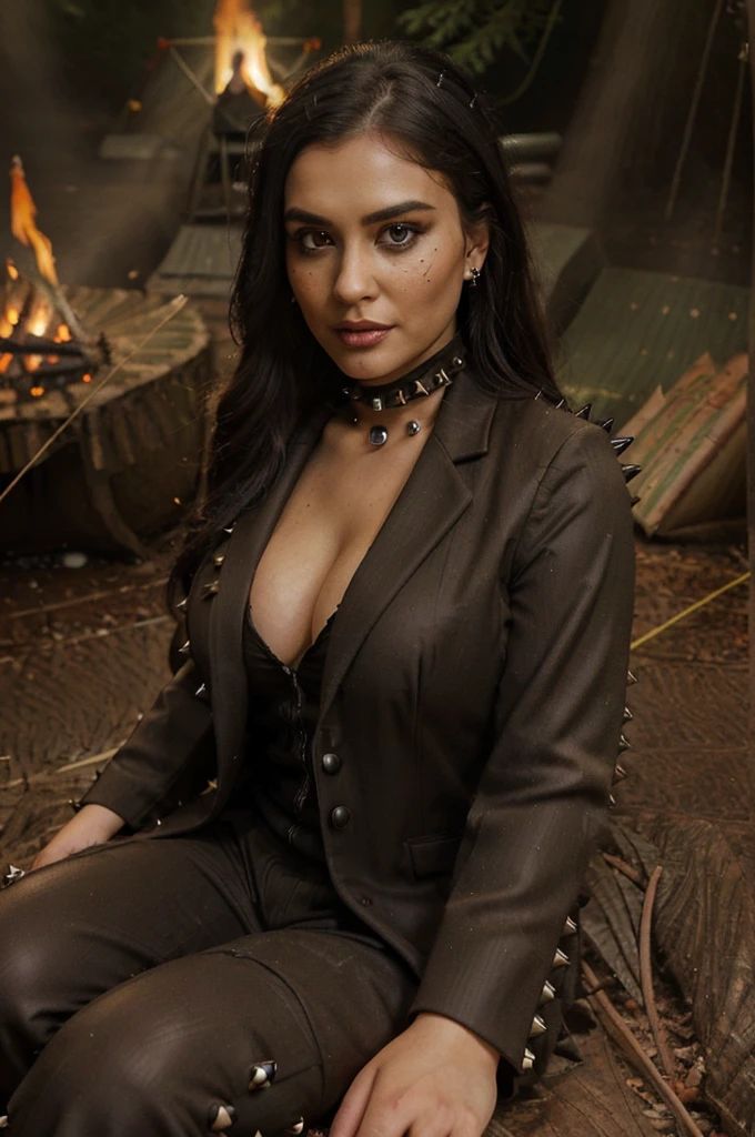 photorealistic, best quality, (hyper detailed: 1.4), (((sitting in the forest near the firecamp:1.5))), long distance shot, goth makeup, plus size body, brown eyes, Detailed eyes, ((wearing black spikes suit:1.5)), beautiful goth young woman, (Highly detailed face:1.4), smile, exuding a natural glow, soft lightning, evening time, forest view, jaw-dropping beauty, sexy, seductive, vivid colors