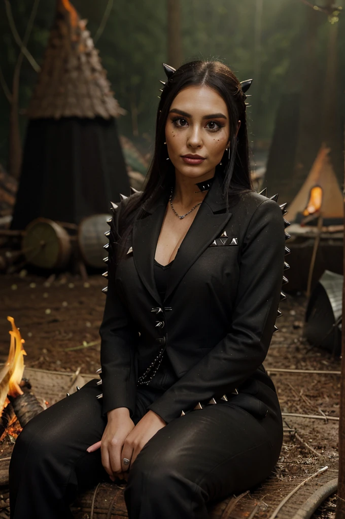 photorealistic, best quality, (hyper detailed: 1.4), (((sitting in the forest near the firecamp:1.5))), long distance shot, goth makeup, plus size body, brown eyes, Detailed eyes, ((wearing black spikes suit:1.5)), beautiful goth young woman, (Highly detailed face:1.4), smile, exuding a natural glow, soft lightning, evening time, forest view, jaw-dropping beauty, sexy, seductive, vivid colors