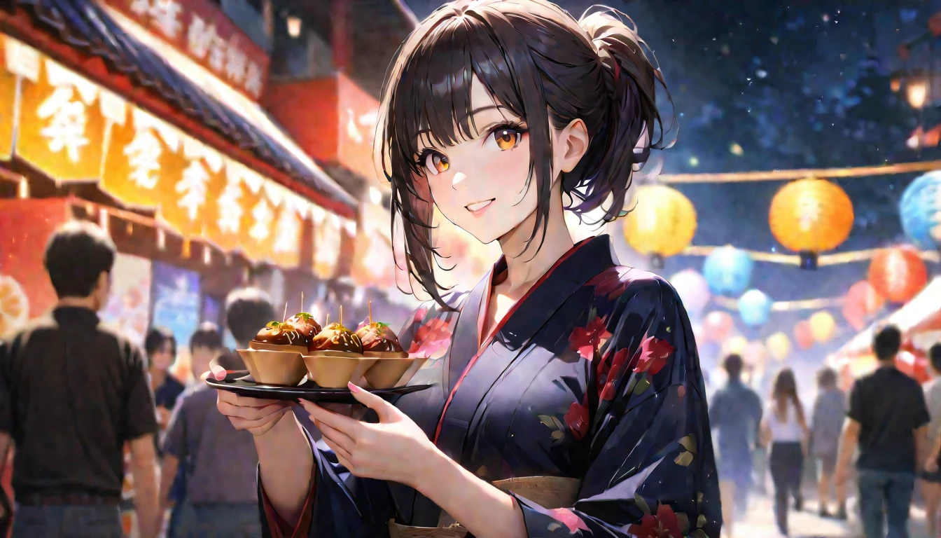 Summer festival,night, yukata,Holding takoyaki,Blur the background,High school girls,ponytail,smile,Glitter effect,highest quality, 4K, 8k, High resolution, masterpiece:1.2, Very detailed, Realistic:1.37, High resolution, 超High resolution, Ultra-fine painting, Sharp focus, Physically Based Rendering, Very detailedな説明, Professional, Vibrant colors
