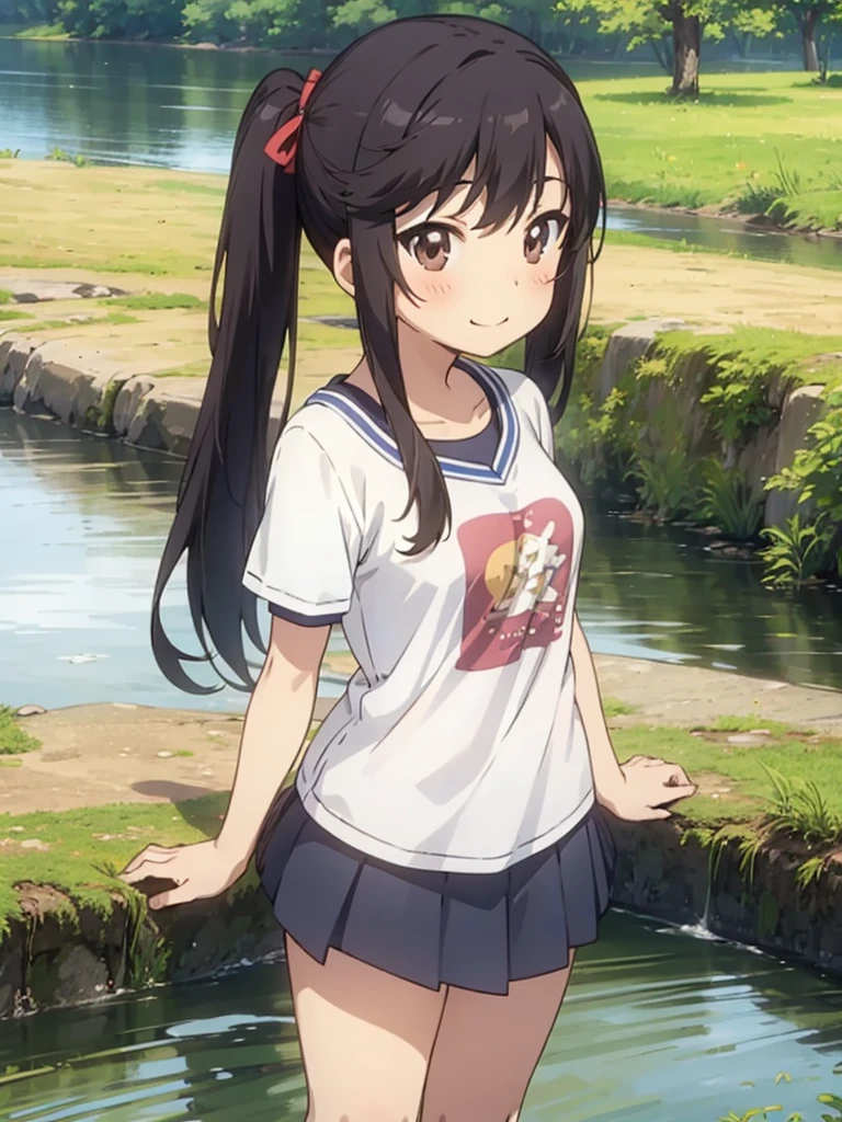 masterpiece, best quality, nonhotaru, solo, twintails, small breasts, ****, (petite),
 smile, standing, t-shirt, miniskirt, river, Japanese countryside,