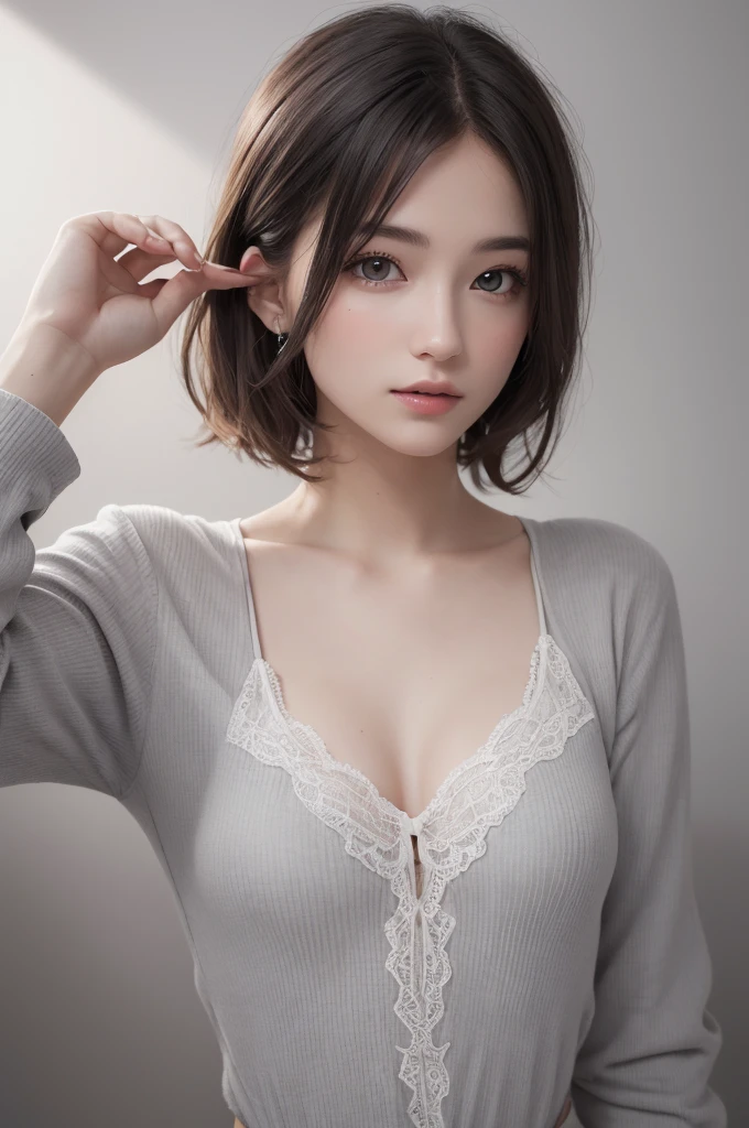 8K Ultra HD、RAWphotograph、モデルphotograph撮影、 European laces、(masterpiece、highest quality、Realistic、High resolution、photograph:1.3)、close、focus on、Hot Model、slim、30 year old mature woman、Small face、No makeup、short hair、Beautiful dark brown Hayne eyes、Genuineスキン、(Perfect body)、Sexy hot face、erotic、sexual sight、slim、shirt、Long sleeve、Hide your chest、Beautiful eyes in every detail、Glossy lips、Small breasts、Small breasts、Bust B cup、((Bright light、Dynamic Lighting、Genuine、超Genuine、 realism、Genuineなディテール、Cool Beauty、Cool pose、Background gray、Plain gray background