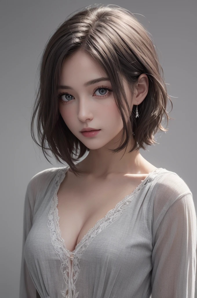 8K Ultra HD、RAWphotograph、モデルphotograph撮影、 European laces、(masterpiece、highest quality、Realistic、High resolution、photograph:1.3)、close、focus on、Hot Model、slim、30 year old mature woman、Small face、No makeup、short hair、Beautiful dark brown Hayne eyes、Genuineスキン、(Perfect body)、Sexy hot face、erotic、sexual sight、slim、shirt、Long sleeve、Hide your chest、Beautiful eyes in every detail、Glossy lips、Small breasts、Small breasts、Bust B cup、((Bright light、Dynamic Lighting、Genuine、超Genuine、 realism、Genuineなディテール、Cool Beauty、Cool pose、Background gray、Plain gray background