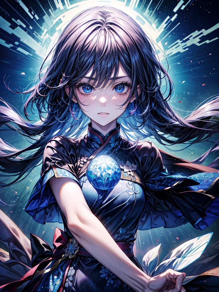 One beautiful woman、Mature、crystal、crystalのような青髪、Flowing hair、Blue eyes that shine like jewels、beautiful、mysterious、masterpiece、Super detailed、highest quality、surrounded by snow and ice、Miko costume、Looking at the viewer、Torii Gate Scenery