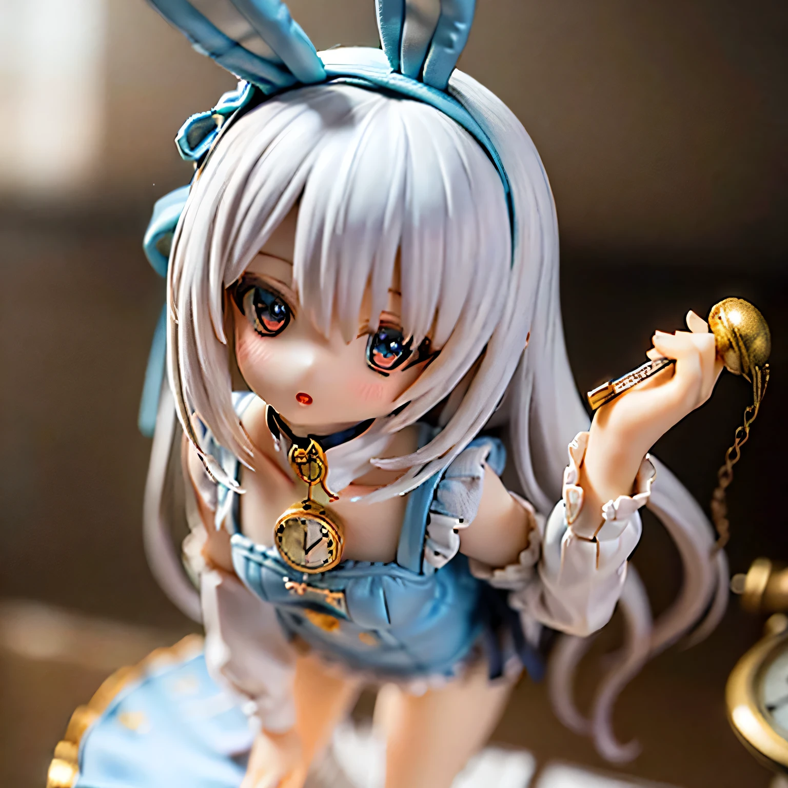 A cute girl rabbit in a blue dress, holding a large pocket watch, standing in a whimsical fantasy wonderland landscape, (best quality,4k,8k,highres,masterpiece:1.2),ultra-detailed,(realistic,photorealistic,photo-realistic:1.37),1girl,beautiful detailed eyes,beautiful detailed lips,extremely detailed eyes and face,longeyelashes,fantasy,alice in wonderland,rabbit girl,holding pocket watch,magical wonderland,vibrant colors,soft lighting,cinematic composition