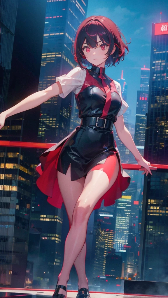 A short bob-haired, red eyes 1girl,dancing,Skyscrapers