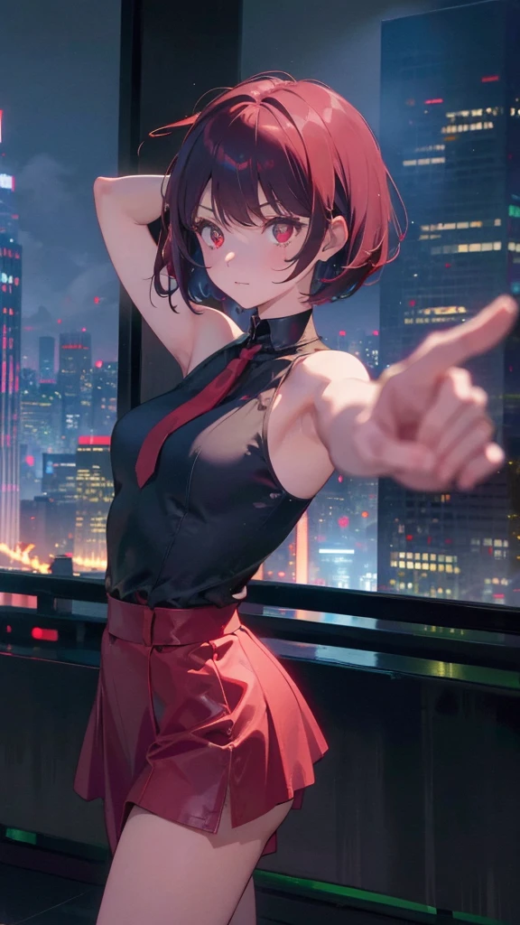 A short bob-haired, red eyes 1girl,dancing,Skyscrapers