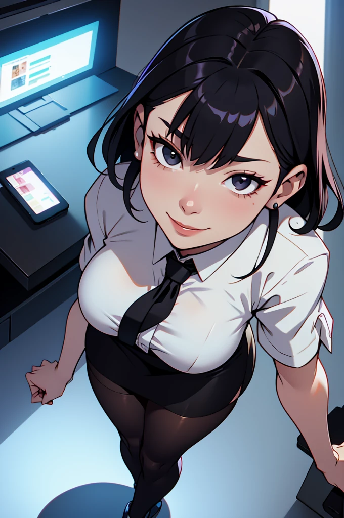 juri han, work of art, tight white secretary shirt with black tie, black high waist skirt, short skirt,stocking, black hair, black tights,evil smile,office,franja nos olhos,lighting,chifre de cabelos,view from above,olhando para cima