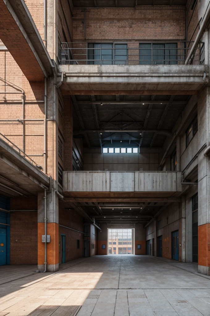 a large industrial building, soviet union architecture, 1980s, colorful exterior facade, detailed brick and concrete textures, high windows, soviet aesthetic, realistic details, (best quality,4k,8k,highres,masterpiece:1.2),ultra-detailed,(realistic,photorealistic,photo-realistic:1.37),HDR,UHD,studio lighting,ultra-fine painting,sharp focus,physically-based rendering,extreme detail description,professional,vivid colors,bokeh,architectural photography