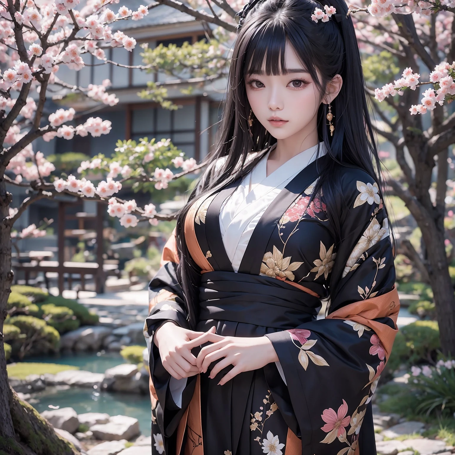 (ultra realistic) , (illustration), (increase resolution), (8K), (extremely detailed), (best illustration), (beautiful detailed eyes), (best quality), (ultra-detailed), (masterpiece), (wallpaper), (detailed face), solo,1 girl, looking at viewers, black straight hair, plump breasts, delicate details, in the dark, deep shadow, low key, pureerosfaceace_v1, happy smile, japanese kimono costume, full body, bamboo forest